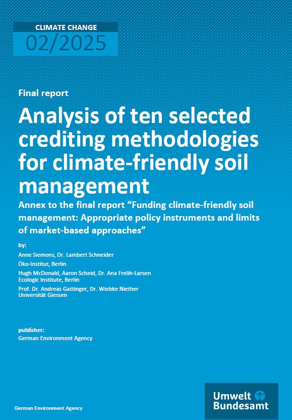 Cover of the final report titled "Analysis of Ten Selected Crediting Methodologies for Climate-Friendly Soil Management," published by the German Environment Agency in February 2025.