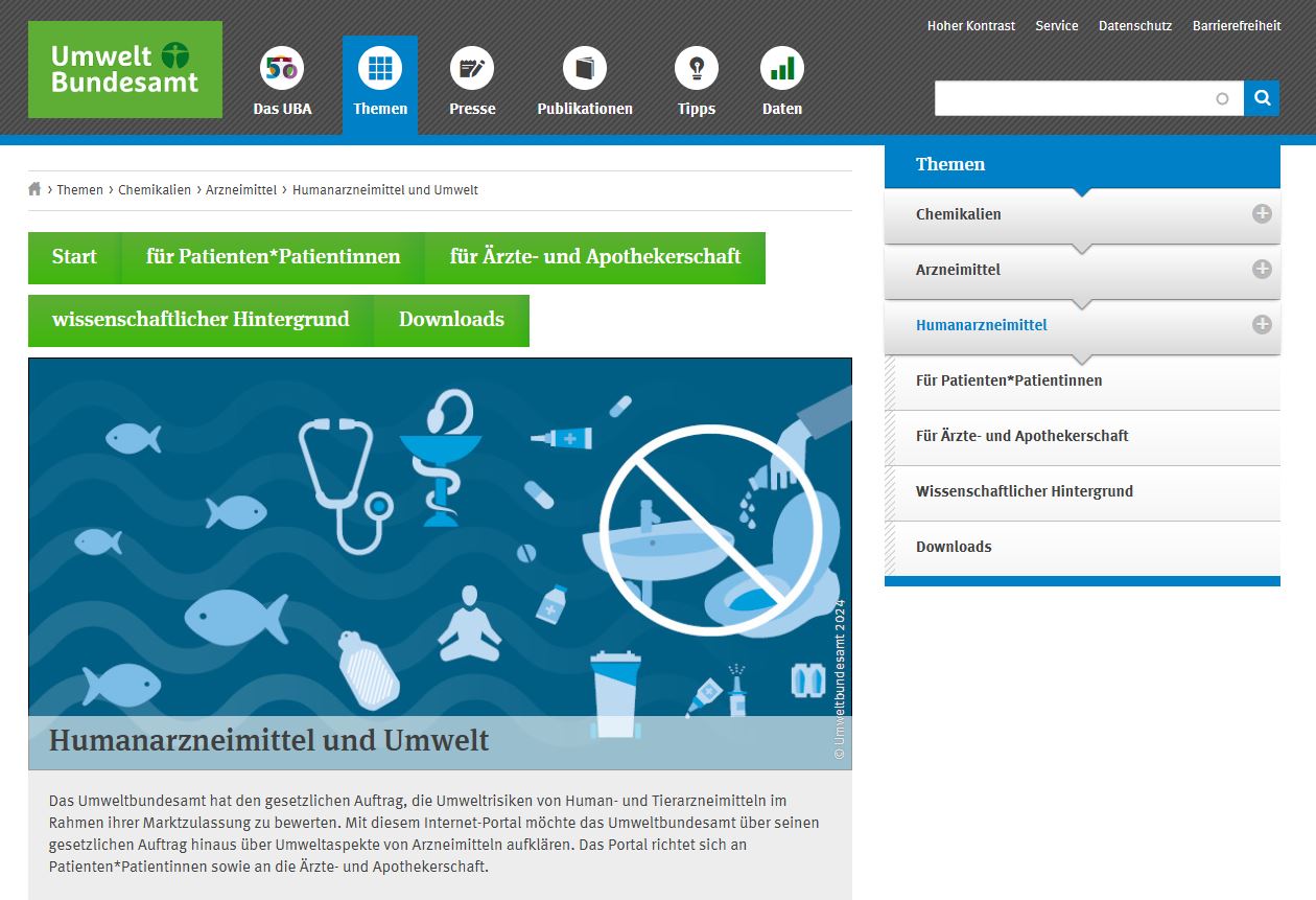 Screenshot of the German Environment Agency (Umweltbundesamt) website section on "Human pharmaceuticals and the environment." The page features navigation options for topics such as "For patients," "For doctors and pharmacists," "Scientific background," and "Downloads." Below, an infographic shows a crossed-out symbol over a sink and toilet, surrounded by pills, bottles, and environmental icons like fish. The text highlights the agency's mandate to educate about the environmental risks of pharmaceuticals.