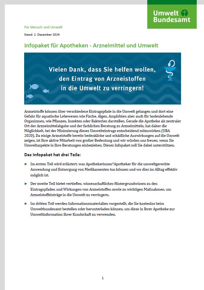 Cover page of the information package 'Pharmaceuticals and the Environment' for pharmacies, published by the German Environment Agency. The page includes a message of thanks to pharmacists for their contribution to reducing the entry of pharmaceuticals into the environment. Below, an introduction to the topic highlights the three main sections of the information package.