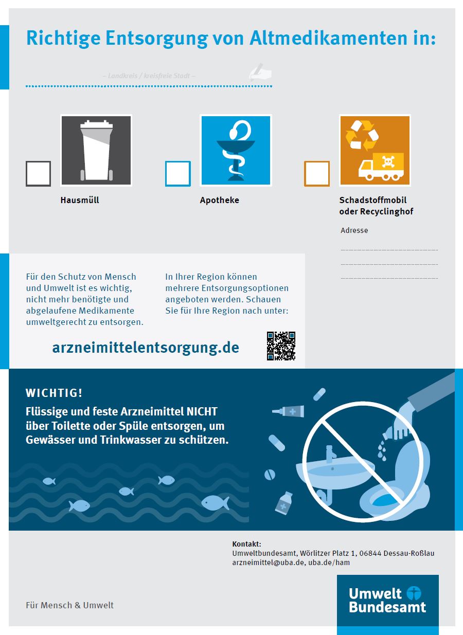 Poster mit dem Titel „ Richtige Entsorgung von Medikamentenresten“. Es stellt drei Entsorgungsmöglichkeiten vor: Hausmüll, Apotheken und Schadstoffmobil oder Recyclinghof. Das Poster betont, dass flüssige oder feste Arzneimittel nicht in Toiletten oder Spülen entsorgt werden sollten, um Gewässer und Trinkwasser zu schützen. Die Informationen sind in mehreren Sprachen verfügbar, und ein QR-Code führt zu weiteren Informationen auf arzneimittelentsorgung.de. Herausgegeben vom Deutschen Umweltbundesamt.