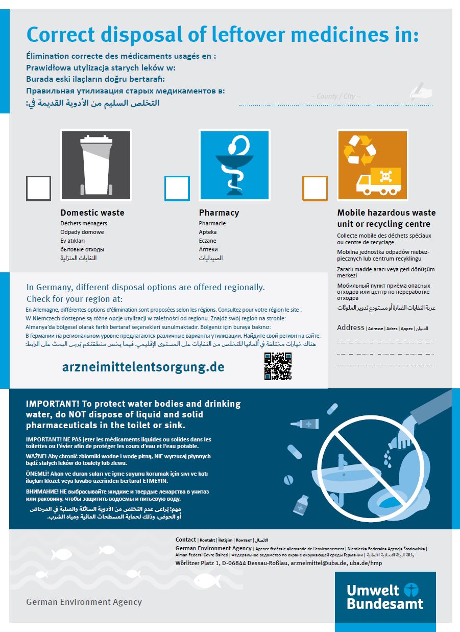 Poster titled "Correct disposal of leftover medicines." It presents three disposal options: domestic waste, pharmacies, and mobile hazardous waste units or recycling centers. The poster emphasizes not disposing of liquid or solid pharmaceuticals in toilets or sinks to protect water bodies and drinking water. Information is provided in multiple languages, and a QR code links to additional resources on arzneimittelentsorgung.de. Published by the German Environment Agency.