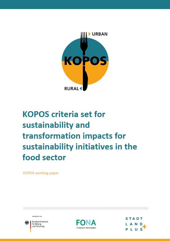 Cover page of the KOPOS working paper entitled 'KOPOS criteria set for sustainability and transformation impacts for sustainability initiatives in the food sector'. The graphic shows a fork passing through a circle with the words 'URBAN' and 'RURAL', indicating the link between urban and rural issues. At the bottom are the logos of the Federal Ministry of Education and Research, FONA (Research for Sustainability) and STADT LAND PLUS.