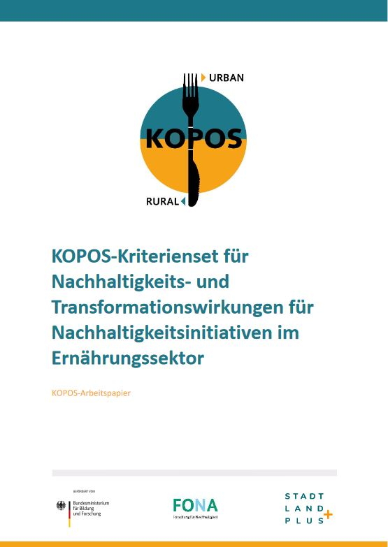 Titelseite des KOPOS-Arbeitspapiers mit dem Titel „KOPOS-Kriterienset für Nachhaltigkeit und Transformationsauswirkungen für Nachhaltigkeitsinitiativen im Lebensmittelsektor“. Die Grafik zeigt eine Gabel, die durch einen Kreis mit den Worten „URBAN“ und „RURAL“ verläuft und die Verbindung zwischen städtischen und ländlichen Themen anzeigt. Unten befinden sich die Logos des Bundesministeriums für Bildung und Forschung, von FONA (Forschung für Nachhaltigkeit) und STADT LAND PLUS.