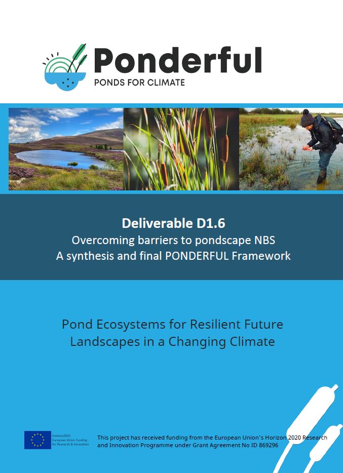 Cover of the PONDERFUL project report titled *Deliverable D1.6: Overcoming barriers to pondscape NBS – A synthesis and final PONDERFUL Framework*. The cover features the Ponderful logo, images of ponds, wetland plants, and a researcher working in a pond. The tagline reads: *Pond Ecosystems for Resilient Future Landscapes in a Changing Climate*. The project is funded by the European Union’s Horizon 2020 program.