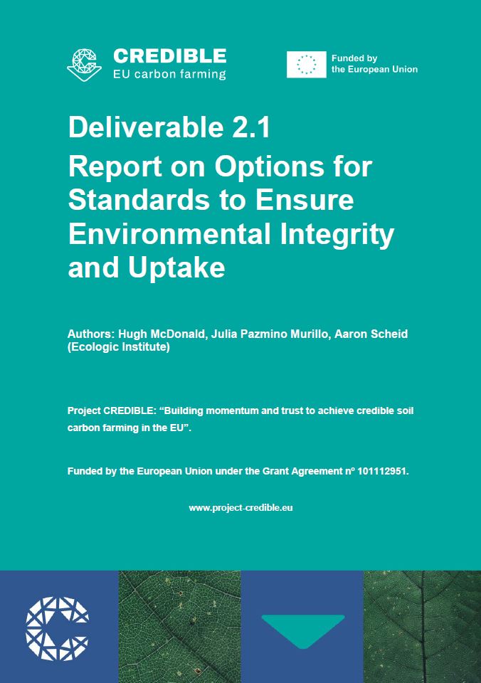 Cover of the CREDIBLE deliverable 2.1 entitled "Report on Options for Standards to Ensure Environmental Integrity and Uptake" authored by Ecologic Institute's Hugh McDonald, Julia Pazmino Murillo, Aaron Scheid (Ecologic Institute)