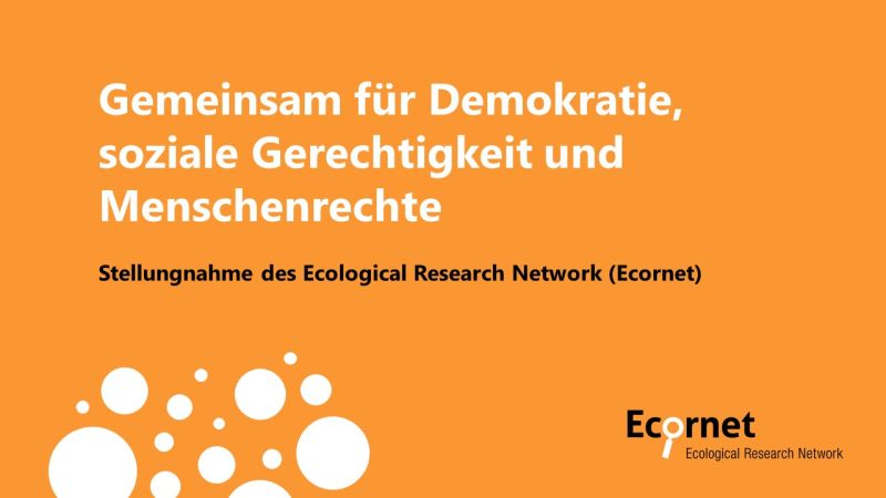 Graphic with an orange background and white circles in the lower left corner. The title in white text reads: "Together for Democracy, Social Justice, and Human Rights." Below, in black text, it says: "Statement of the Ecological Research Network (Ecornet)." The Ecornet logo is positioned in the lower right corner.