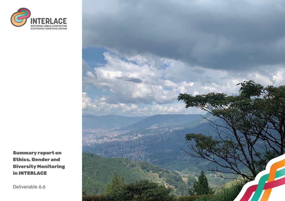 Cover page of the report "Summary report on Ethics, Gender and Diversity Monitoring in INTERLACE" (Deliverable 6.6). The INTERLACE logo is in the top left corner, with the report title below. On the right, there is a photo of a hilly landscape with green forests in the foreground and a city in the valley in the background under a cloudy sky. In the bottom right corner, there is a graphic design element with colorful curved lines.