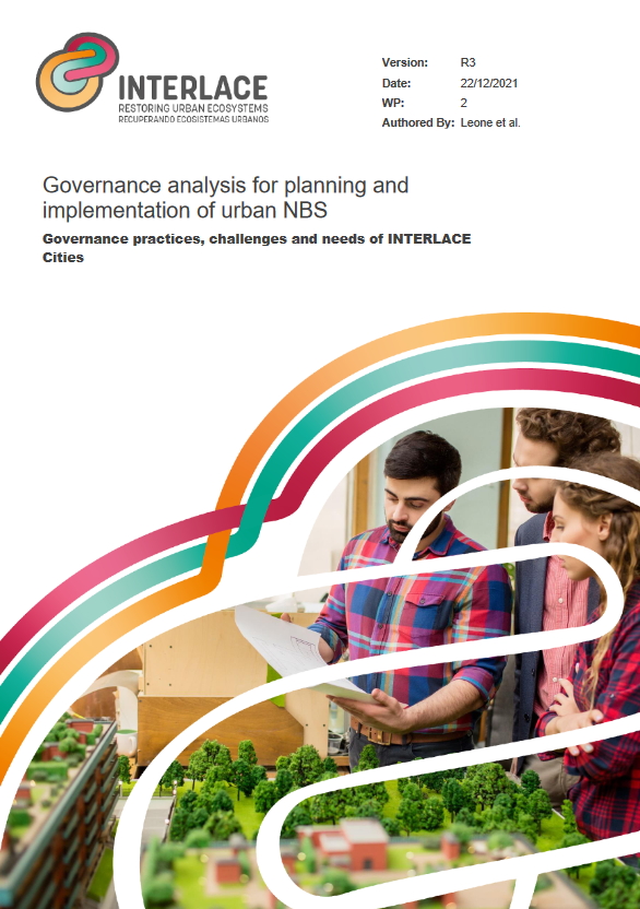 Cover of a report by INTERLACE titled 'Governance analysis for planning and implementation of urban NBS.' The document discusses governance practices, challenges, and needs of INTERLACE cities. The design includes colorful interwoven lines and an image of a group of people analyzing an urban planning model.