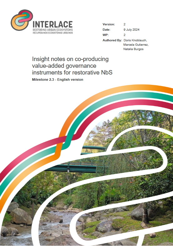 Cover page of a report titled 'Insight notes on co-producing value-added governance instruments for restorative NbS,' published by INTERLACE on 9 July 2024. It features a colorful abstract design with a nature photo of a stream and greenery.