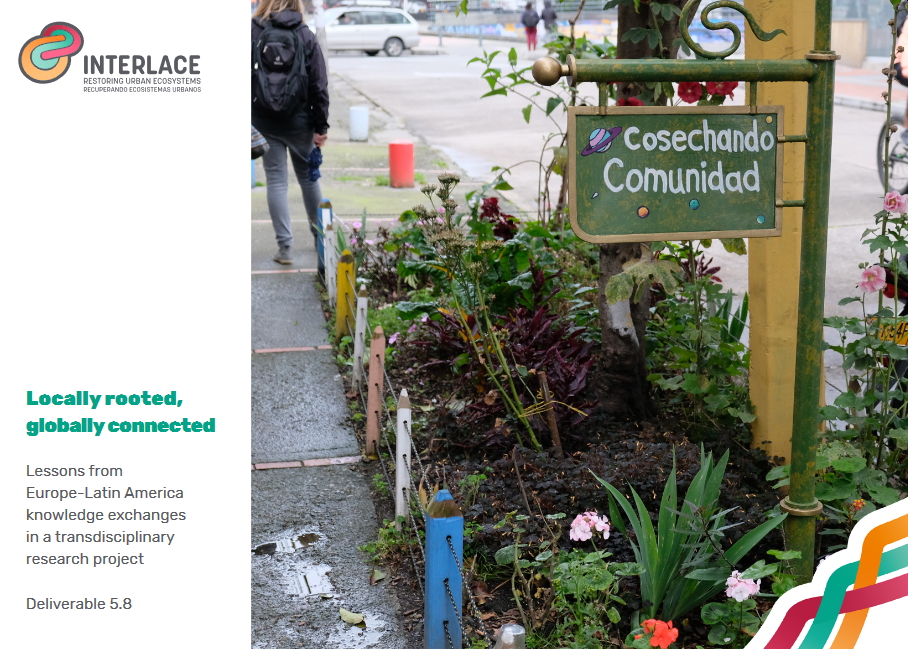 Urban community garden with a colorful sign reading 'Cosechando Comunidad' (Harvesting Community), part of the INTERLACE project publication cover titled 'Locally rooted, globally connected' about Europe–Latin America knowledge exchange in urban ecosystem restoration.