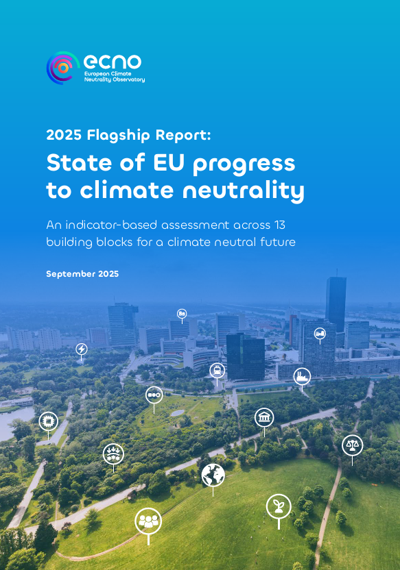 Cover page of the "2025 Flagship Report: State of EU progress to climate neutrality" by the European Climate Neutrality Observatory (ECNO). The image shows a panoramic view of a green urban park with various climate-related icons overlayed, and a city skyline in the background. The title highlights the report’s focus on indicator-based assessment across 13 building blocks for a climate-neutral future. Dated September 2025.