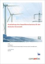 Cover of the study “Development of a capacity mechanism for the German electricity market”. The picture shows wind turbines and solar panels in the foreground and an electricity pylon in the background. The text at the bottom of the cover indicates that the study was commissioned by Amprion GmbH, TenneT TSO GmbH, 50Hertz Transmission GmbH and TransnetBW GmbH and was published in May 2024.
