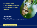 Promotional image for the ClimEurope2 3rd Webstival event titled 'Excellence in Climate Services for Transformational Change,' focusing on climate innovation and standardization, taking place on 19-20 September, 2024. A butterfly is shown on the right, symbolizing transformation.