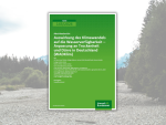 Cover page of the final report 'Auswirkung des Klimawandels auf die Wasserverfügbarkeit – Anpassung an Trockenheit und Dürre in Deutschland (WADKlim),' Umweltbundesamt. The green cover features the report title and authors from the Ecologic Institute, Ruhr University Bochum, and other research institutions. The background image behind the report shows a natural landscape with trees, mountains, and a riverbed, symbolizing water-related challenges due to climate change.